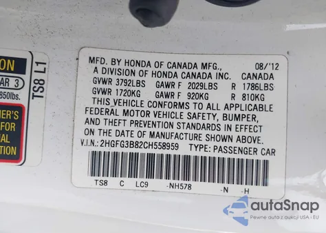 2012 Honda Civic Ex из США, поврежденный, VIN 2HGFG3B82CH558959